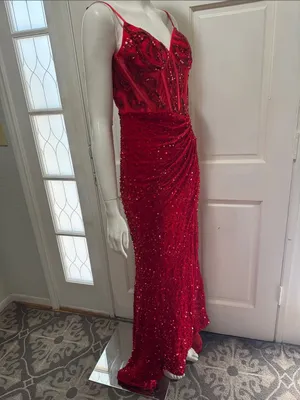 Unbranded Off shoulder Beaded Corset Slit Red Sequin Ruched Evening Gown Sz 6 A thumbnail 8