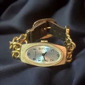 Vintage Lucerne gold tone chain and leather band watch thumbnail 1
