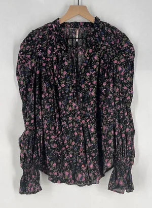 Free People Meant To Be Black Floral Print Full Mutton‎ Sleeve Peasant Blouse M thumbnail 1