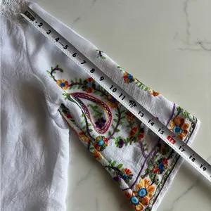 Boho Embroidered V-Neck Blouse White Lace Yoke Floral Bell Sleeve L thumbnail 6