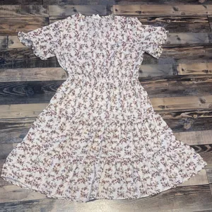 Floral Tiered Midi Dress in White with Mauve Print thumbnail 1