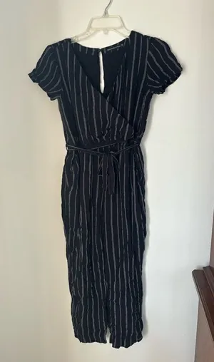 Abercrombie & Fitch Pinstripe Jumpsuit Belted V-Neck Short Sleeve XS Black thumbnail 1