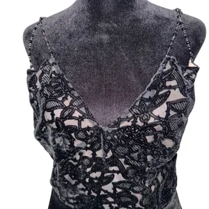 Y2K Whimsigoth Burnout Velvet Cami Top Beaded Lace Fair Grunge Size M Black thumbnail 2
