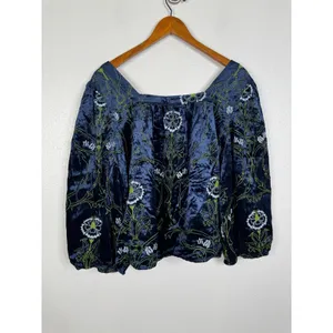 Anthropologie Navy Blue Velvet Embroidered Floral Puff Sleeve Blouse Large thumbnail 2