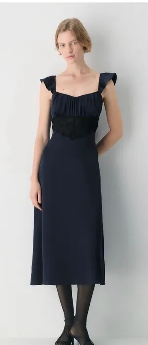 Aritzia Navy Satin Midi Dress with Lace Waist thumbnail 1
