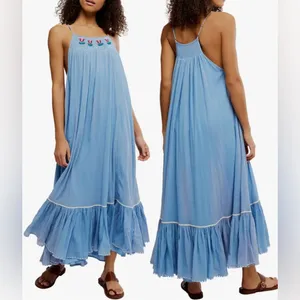 NEW Free People Tip Toeing Tulip Embroidered Gauze maxi Blue Dress sz M thumbnail 2