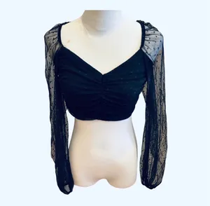 Blue Blush Black Mesh Top Crop Ruched Semi Sheer Polka Dots L thumbnail 2