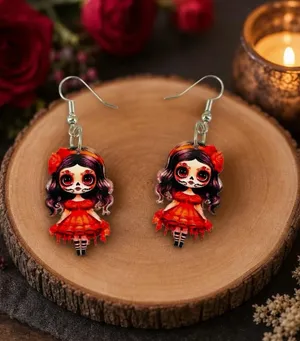 Boutique New Day of the Dead Sugar Skull Doll Acrylic Dangle Earrings thumbnail 3