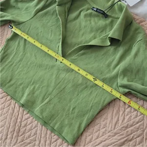 NWT Zara Green Ribbed Crop Top long sleeve collar medium thumbnail 5