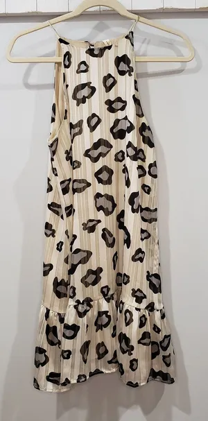 Tyche Leopard Print Sleeveless Ruffle Dress Small Beige Black EUC thumbnail 1