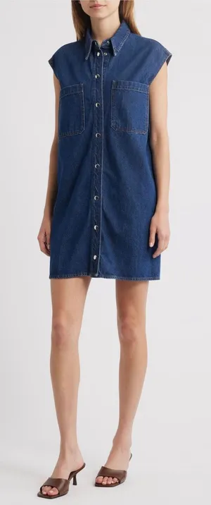 Frame The Sleeveless Denim Mini Shirtdress Shirt Dress in Fault Dark Blue NEW XS thumbnail 1