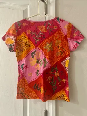 Jasmine Pink & Orange Floral Patchwork V-Neck Tee thumbnail 4