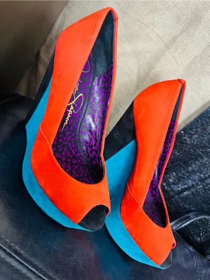 Jessica Simpson Orange and Blue Suede Peep-Toe Wedge Heels thumbnail 3
