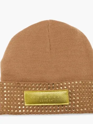 NWT Kurt Geiger London Logo Patch Crystal Cuff Beanie One Size, CAMEL thumbnail 4