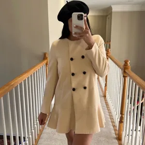 Zara NWT ivory cream double breasted buttons ruffle hem pea coat mini dress thumbnail 2