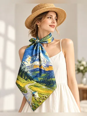 Silk Wool Scarf 23.6” Square Mountain Landscape Print Blue Green Art Scarf thumbnail 4