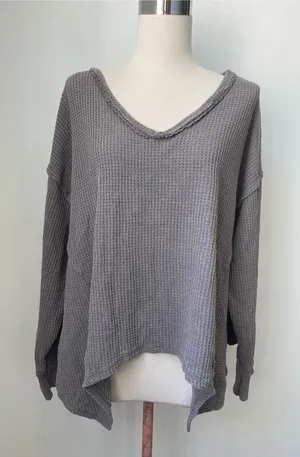 Pink Rose Gray Waffle V-Neck Pullover Sweatshirt thumbnail 1