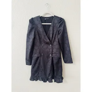 ZARA Jacquard Dot Puff Shoulder Blazer Mini Dress Black Size Small thumbnail 2