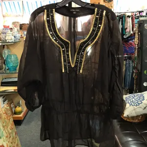 Adrienne Vittadini Size L sheer brown blouse with jewels thumbnail 1