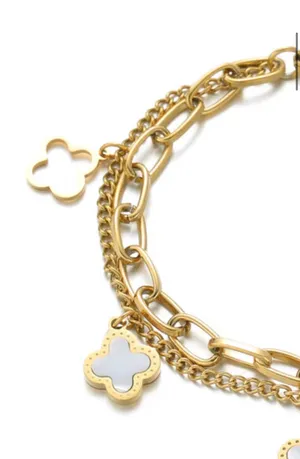 Gold & White Clover Charm Layered Bracelet thumbnail 2