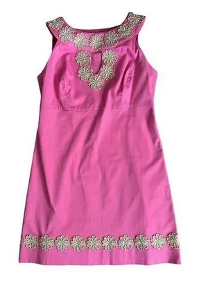 Lilly Pulitzer 2 Gold Applique Hotty Pink Keyhole Dress Shift ALine Flowers thumbnail 1
