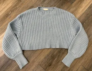 Altar'd State Crop Sweater Womens L Light Blue Rib Knit Balloon Sleeve thumbnail 1
