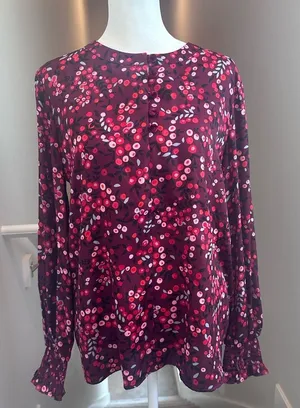 LOFT Blouse Top Velvet Buttons Red & Pink Floral with‎ Cuffed Sleeves Small thumbnail 1