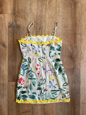 FORE Abstract Print Mini Dress Women’s S Multicolor Yellow Trim Artsy Festival thumbnail 4