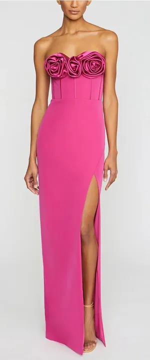 Monique Lhuillier Stella‎ Rosette Maxi Gown Dress Hot Pink Size 6 thumbnail 1