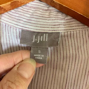 J. Jill Womens Small Linen Button Down Shirt Striped White Burgundy Long Sleeve thumbnail 2