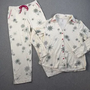 SOMA Women's Small Embraceable Pajama Set Long Sleeve Cream Snowflake Winter thumbnail 1