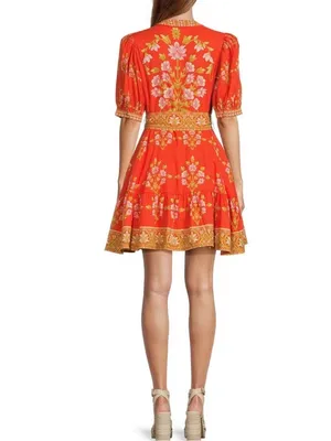 A Loves A Floral Puff-Sleeve Orange Belted Linen Mini Dress New Size Small thumbnail 3