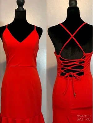 Red Lace Up Back Bodycon Ruffle Hem Spaghetti Strap Mini Cocktail Date Night thumbnail 2
