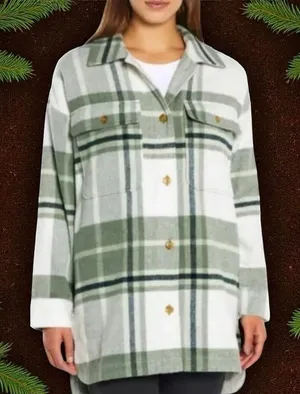 Banana Republic‎ Ivory Green Plaid Oversized Shacket Holiday Woolblend M thumbnail 1