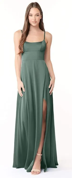 ✨Azazie Halsey Stretch Sea Moss A-Line Side Slit Stretch Satin Sz A8 Dress✨ thumbnail 1