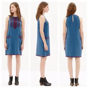Madewell‎ 100% Silk Boho Geometric Embroidered Shift Dress Blue Red Size L thumbnail 2