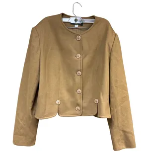 Orvis Women100% Wool Camel Tan Collarless Cropped Blazer Jacket Size 14 USA Made thumbnail 1