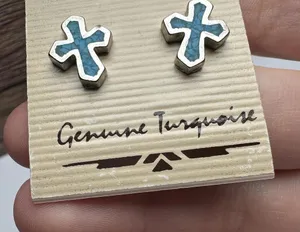 Genuine Turquoise Blue Cross Silver Tone Pierced Stud Earrings NWT Made In USA thumbnail 8