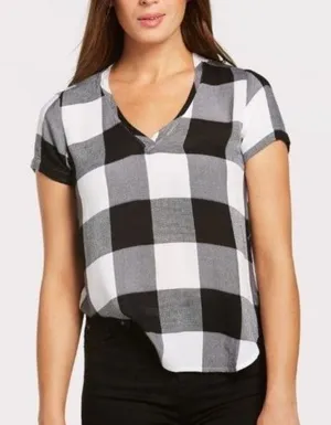 Anthropologie Cloth & Stone Buffalo Check V Neck Short Sleeve Boho Casual Top thumbnail 1
