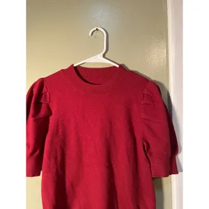 Women's Sz Small Short Puff Sleeve Sweater Crewneck Burgundy Red Viscose Stretch thumbnail 2