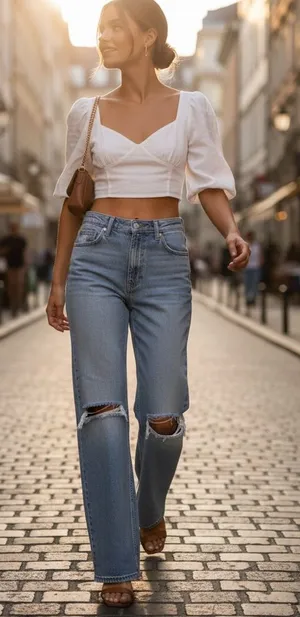 Zara women’s high - waisted Ripped wide leg jeans thumbnail 1