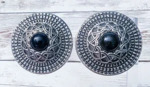 Vintage Clip On Earrings Statement Large Ornate Silver Tone with Black Center thumbnail 1