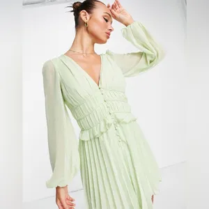 ASOS Sage Green Dobby Pleated Mini Dress Fairycore Forest Pixie Vibe NWT Size 4 thumbnail 11