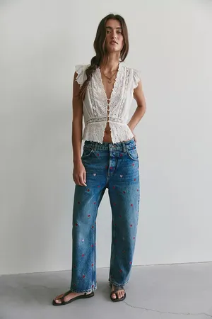 NWT Free People Heart Deep Trance Embroidered Dropped Boyfriend Jeans. Size 26 thumbnail 3