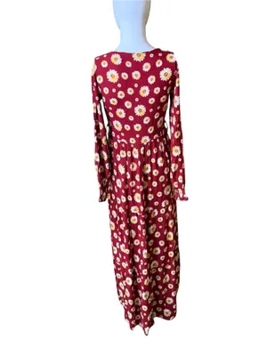 Women’s Red Daisy Print Long Sleeve Maxi Dress thumbnail 6