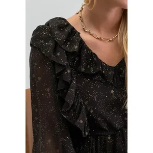BY THE RIVER Chiffon Midi Dress Ruffled Black Gold Stars Party Glam Star Small‎ thumbnail 5
