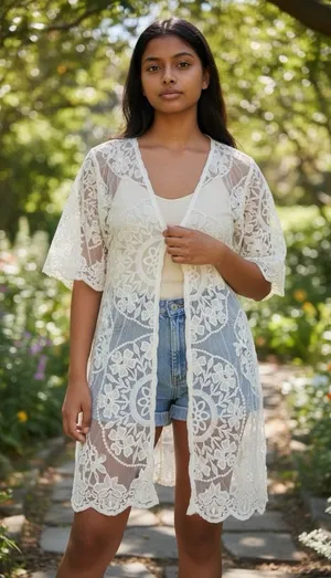 Kimono Duster‎ Womens Small Ivory Sheer Lace Embroidered Open Front Boho Fairy thumbnail 1