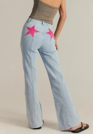 We The Free Firecracker Flare Jeans Light Wash High Rise Red Stars Retro size 30 thumbnail 2