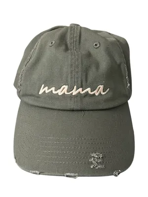 Boutique Olive Green Mama Embroidered Distressed Vintage Baseball Cap Hat thumbnail 1