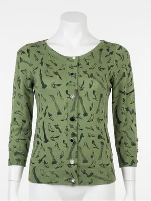 Twelve By Twelve Los Angeles Medium Green Shoe Print Cardigan Sweater Top Knit thumbnail 1